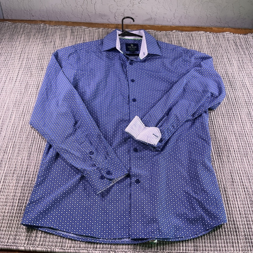 Tom Baine Performance Slim Fit Shirt Blue Geometric Print Wrinkle Free Mens L